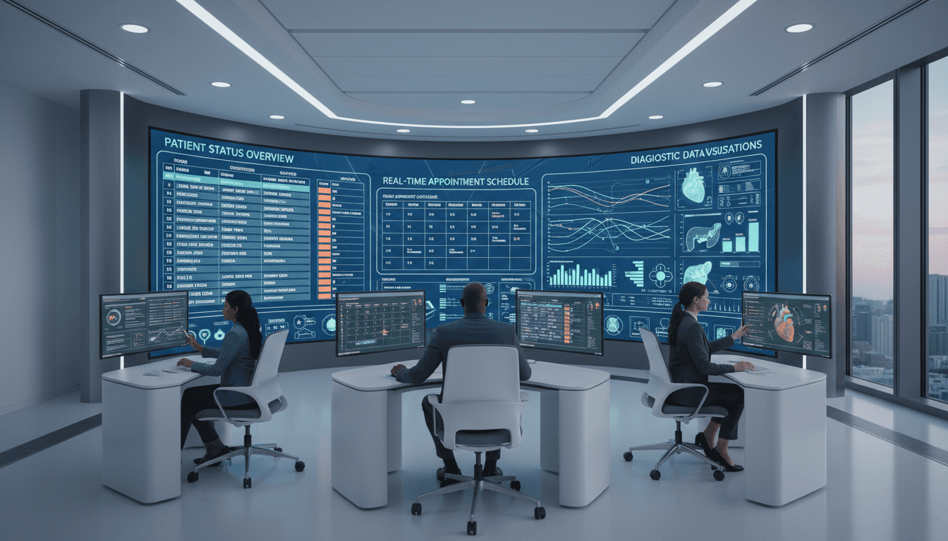 Hospital IT team monitoring medical device security on network dashboard